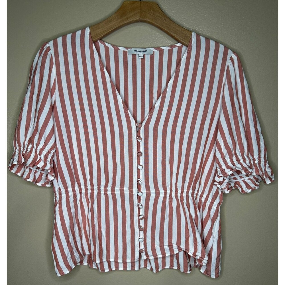 Madewell Womens V-Neck Peplum Popover Top Size S Pink Peach White Stripe Cropped